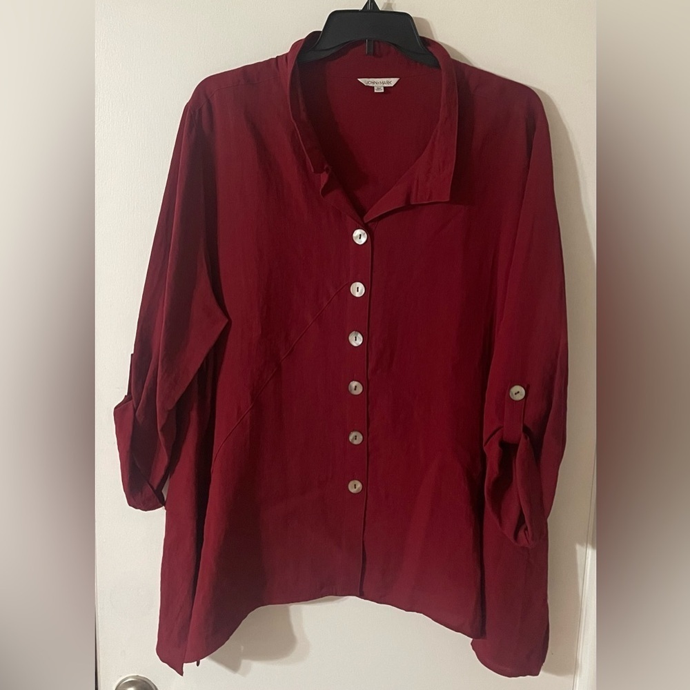 John Mark Red Tunic Button Down Blouse 3X Lagenlook Bohemian Artsy Asymmetrical